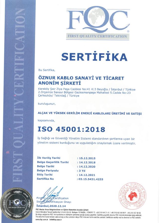 ISO 45001 İŞ SAĞLIĞI VE GÜVENLİĞİ BELGESİ 